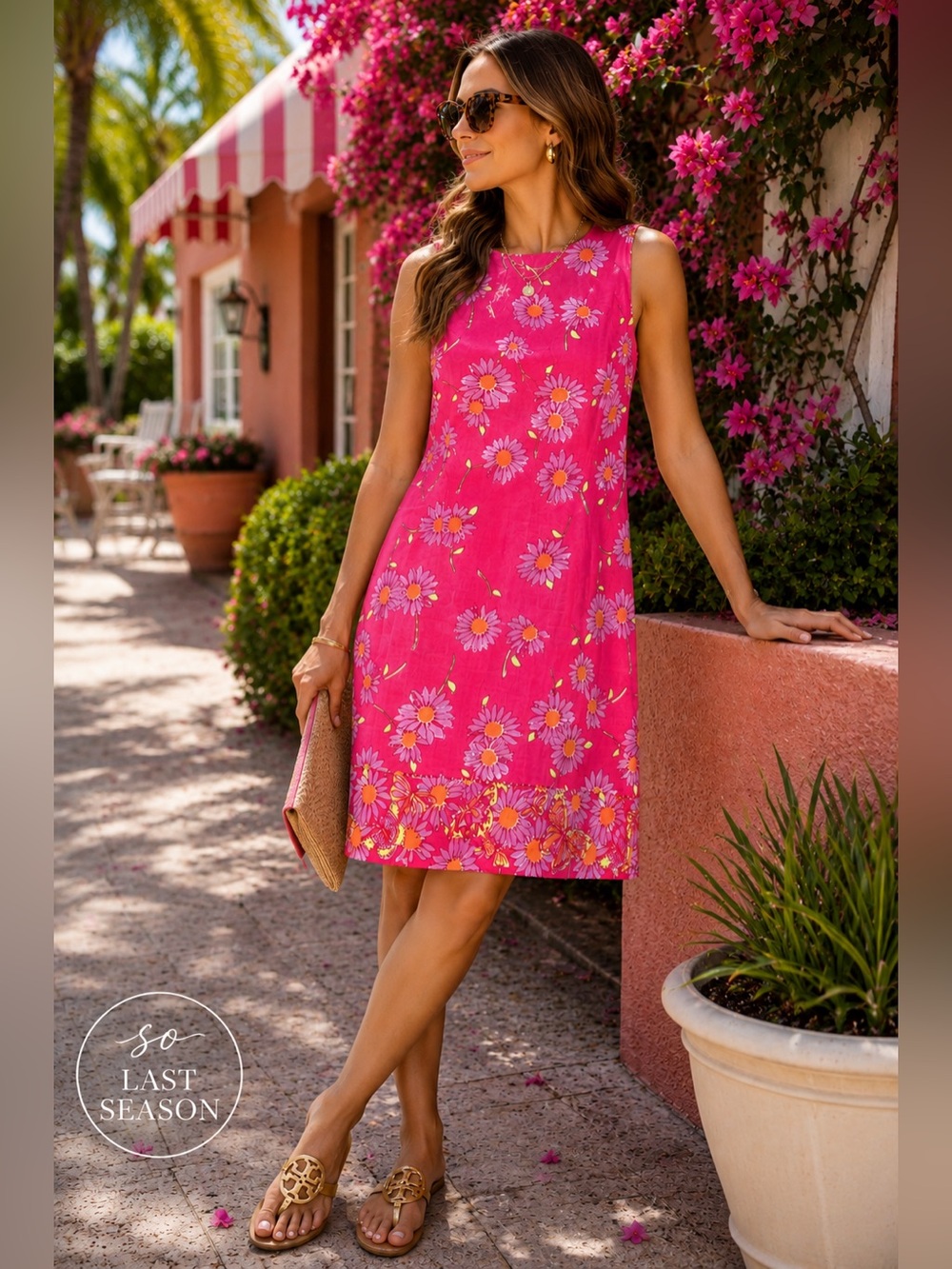 Lilly Pulitzer Pink Daisy Butterfly Border Linen Blend Shift Dress Size 8